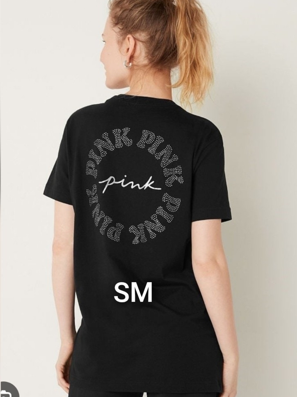 VS PINK Victoria's Secret Black Rhinestone Shine Campus Tee.